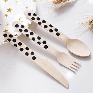 Compostable Disposable 16cm Wooden Black Dott Cutlery party Utensils