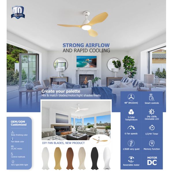 48'' Modern quiet Ceiling Fan Optional LED Light For Bedrooms, Living Rooms, Apartments