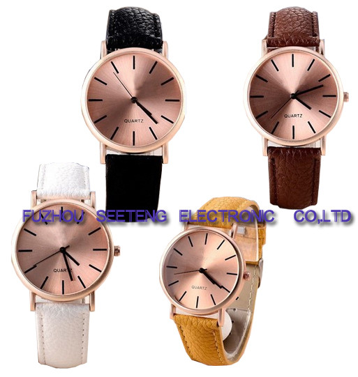 Buy Mature color PU leather strap simple style wrist watch with rose golden case for office ladies at wholesale prices
