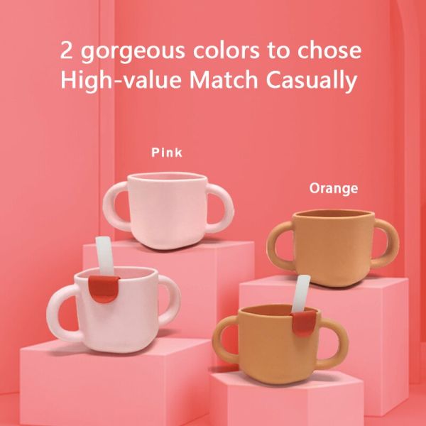 Orange BPA Free Silicone Handle Feeding Bottle Baby Sippy Cup With Straw For Kids