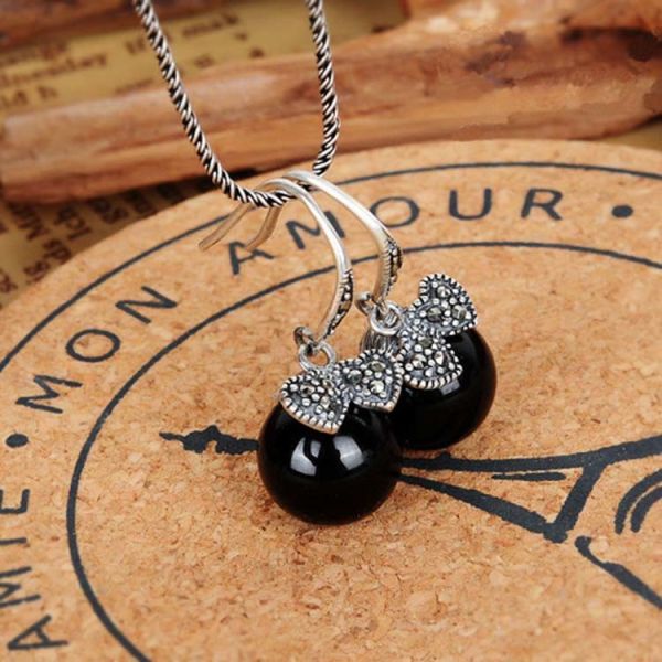 Sterling Silver Black Agate with Marcasite Dangle Hoop Earrings (E12032BLACK)