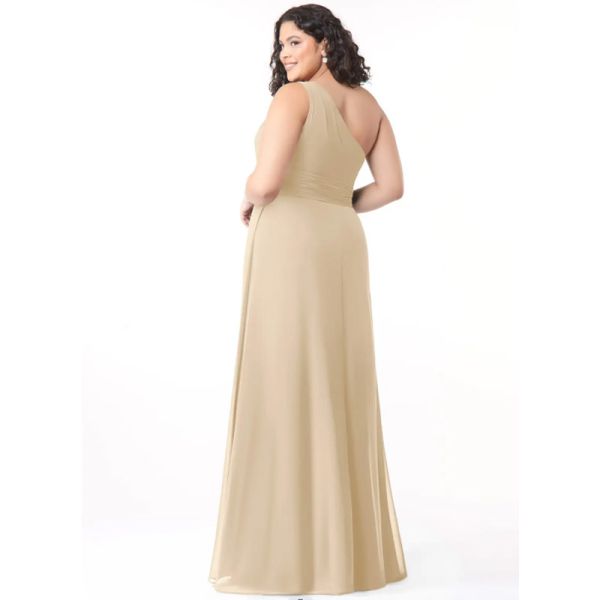 Popular A-Line One-Shoulder Chiffon Floor-Length Bridesmaid Dress Champagne Sleeveless Side Zip Pleated