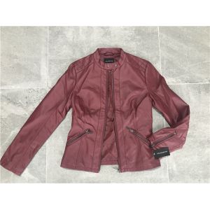 Mandarin Collar Womens PU Leather Jacket , Burgundy Pleather Biker Jacket
