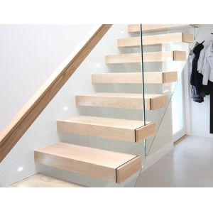 Wooden Tread Railing Building Floating Stairs , Floating Glass Staircase With