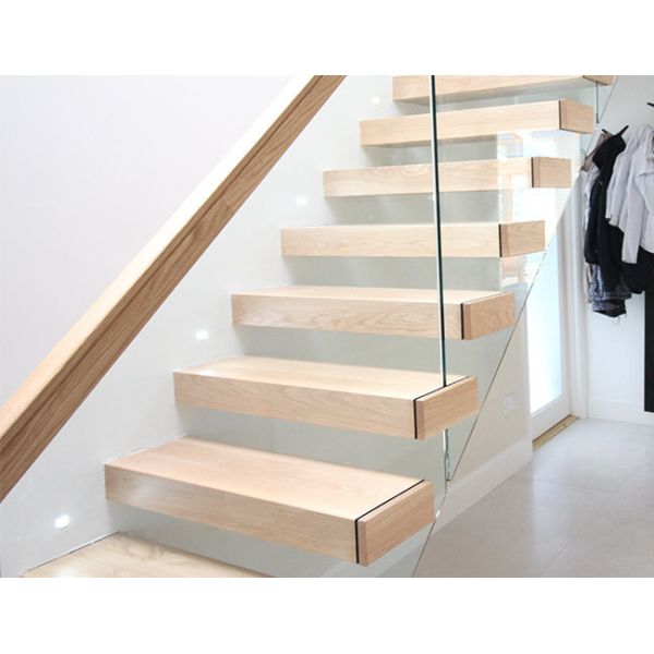 Wooden Tread Railing Building Floating Stairs , Floating Glass Staircase With