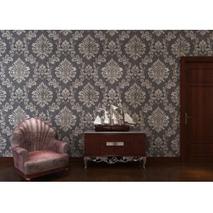 Removable Embossed Vinyl Wallpaper with Sliver and Black Damask Pattern