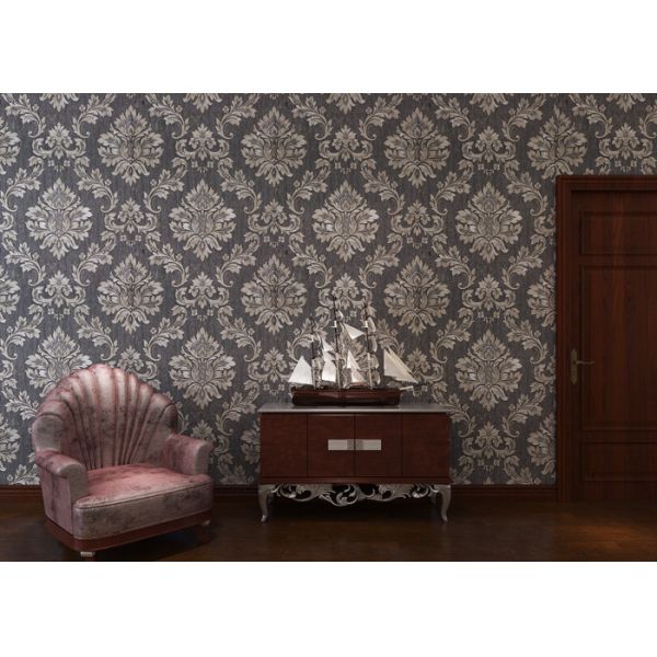 Buy Removable Embossed Vinyl Wallpaper with Sliver and Black Damask Pattern at wholesale prices