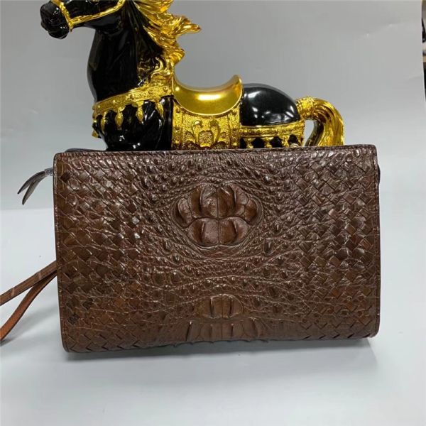 Knitted Designer Genuine Alligator Skin Men Woven Clutch Purse Authentic Crocodile Leather Male Large Wristlets Bag