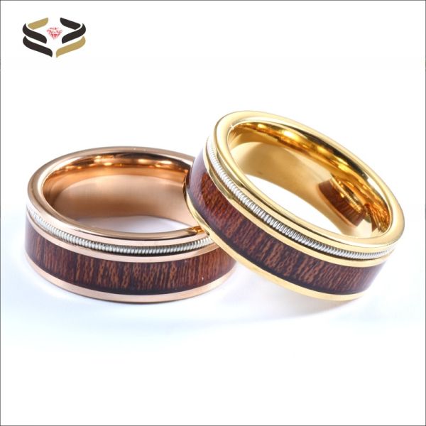 Men Flat Gold Tungsten Carbide Ring Koa Wood And Guitar String Inlayed 8mm For Party