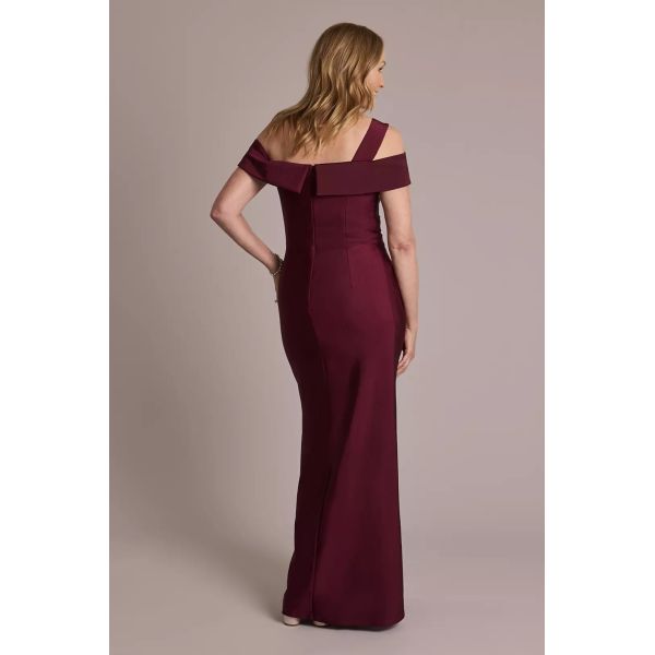 Asymmetrical Custom-made Size Off-the-shoulder Sheath Zipper Ruffles Burgundy Satin Mother Of The Bride Dress