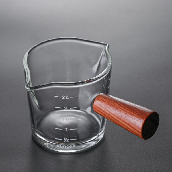 100ml Borosilicate Glass Coffee Measuring Cup with Double Spout Wooden Handle and Lid