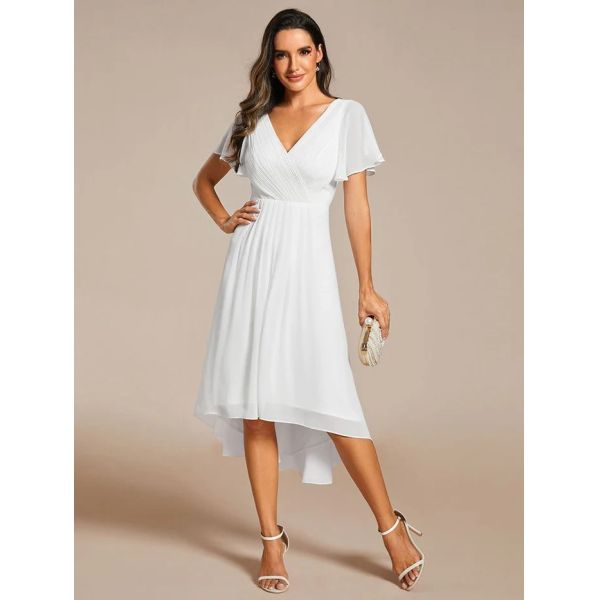 Chic V-neck High-low Short Flutter Sleeves A-line Ruffles Midi Invisible Zipper White Chiffon Guest Graduation Dress