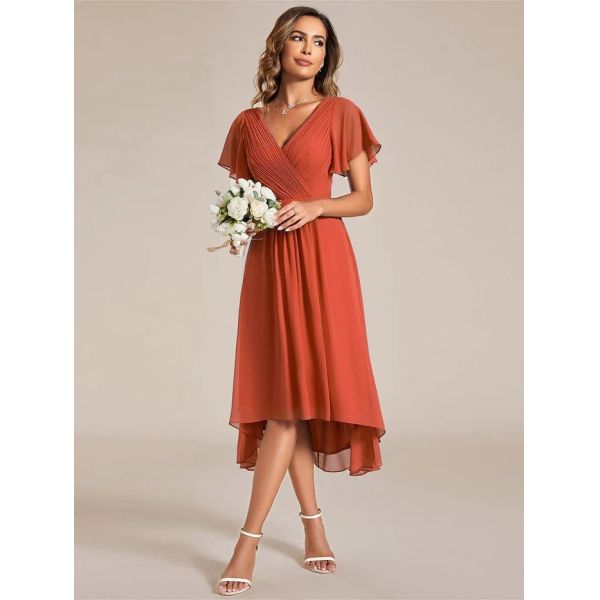 Chic V-neck High-low Short Flutter Sleeves A-line Ruffles Midi Invisible Zipper Burnt Orange Chiffon Party Dress