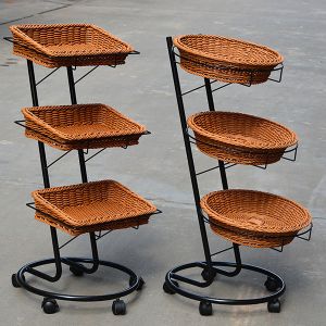 Supermarket Shelf Fruit And Vegetable Display Rack With Rattan Basket wooden