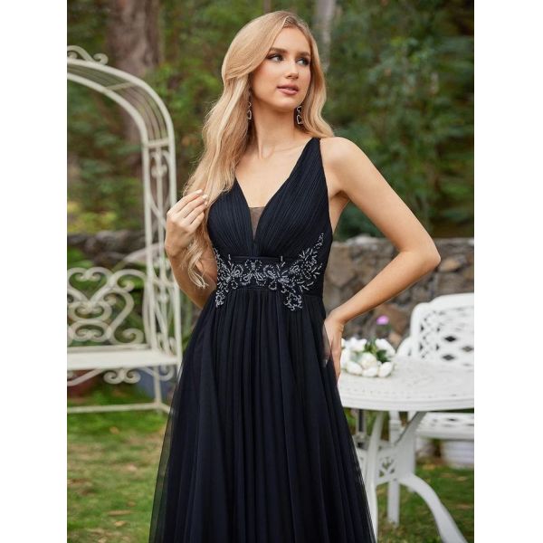 Charming Empire Beaded Sleeveless V-neck Ruffled Spaghetti Strap A-line Pink Tulle Evening Dress