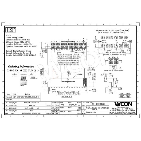 WCON Female 1.27 Mm Pin Header Dual Row SMT Pin Header 1.0AMP