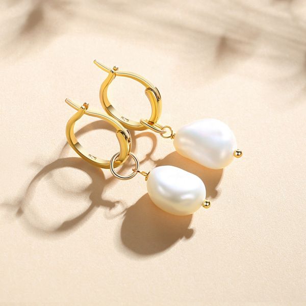 925 Sterling Silver 18K Gold Plated Freshwater Pearl Hoop Earrings For Women Trendy Style