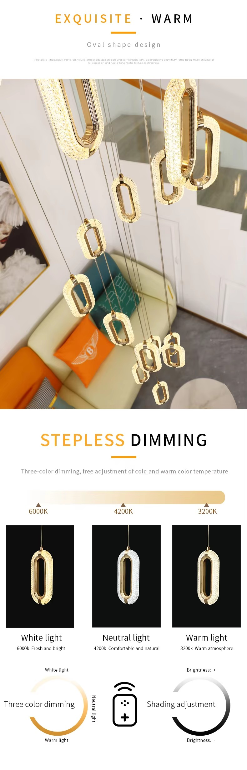 3200-6500K Three Colors Changing Light LED Chandelier Modern Light Luxury Acrylic Oval Pendant For Home And Restaurant