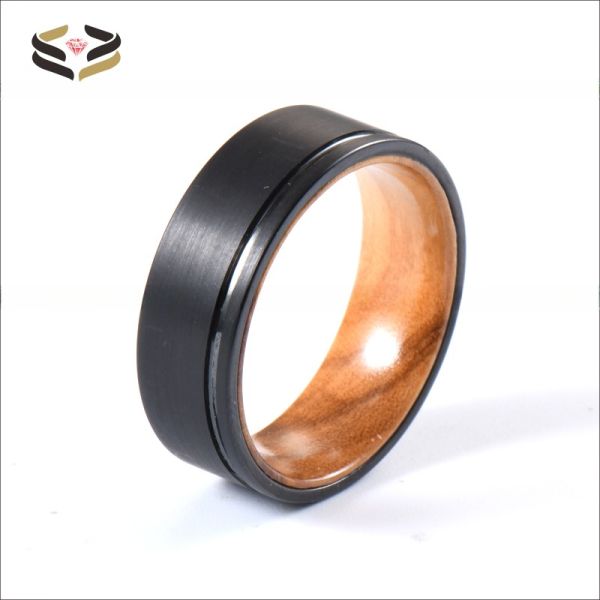 8mm Flat Edge Brushed Olive Wood Inlay Sleeve Black Tungsten Ring Wedding Band Fashion Engagement Ring for Men Sample Making