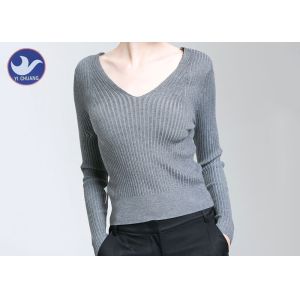 Ribbed Womens Knit Pullover Sweater V Neck Tight Fit Lady Knitwear