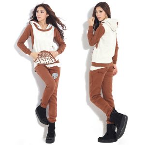 Casual Hoodies Set , Women / Ladies Hooded Sweatshirts Brown Cotton