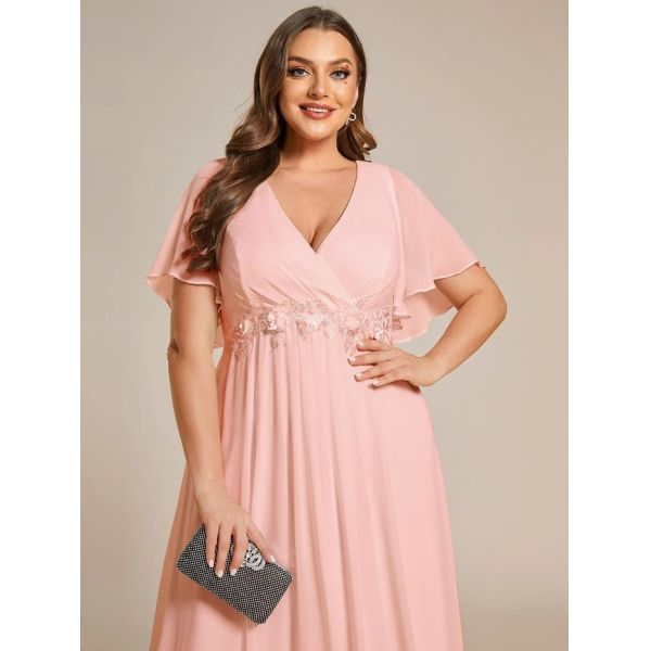 Empire Plus Size Applique Short Sleeve A-line V-neck Flutter Sleeves Invisible Zipper Pink Chiffon Party Dress