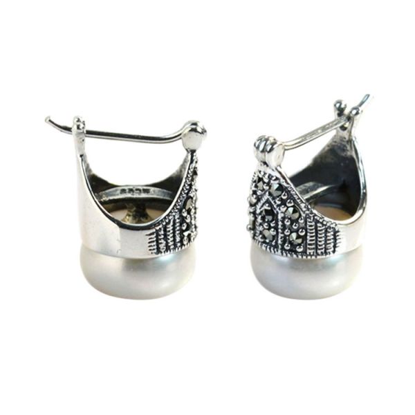 925 Silver Simulated Shell Pearl Drop Hoop Earrings Thai Vintage Jewelry (E12142)