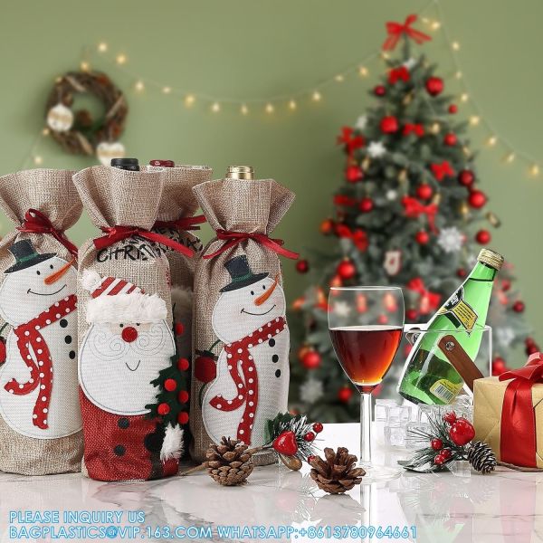 Christmas Wine Bags, Wine Bottles Gifts, Burlap Wine Drawstring Bags Holiday Burlap Wine Bags, Bottle Cover