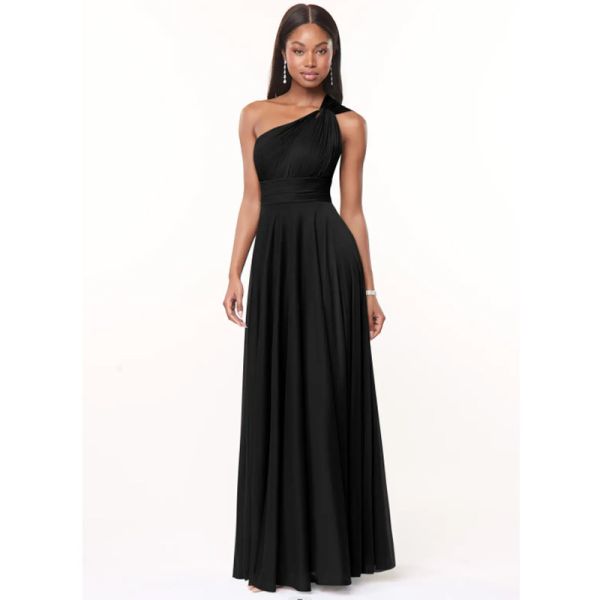 Sexy Plus Size A-Line One-Shoulder Chiffon Floor-Length Bridesmaid Dress Black Sleeveless Back Zipper Pleated