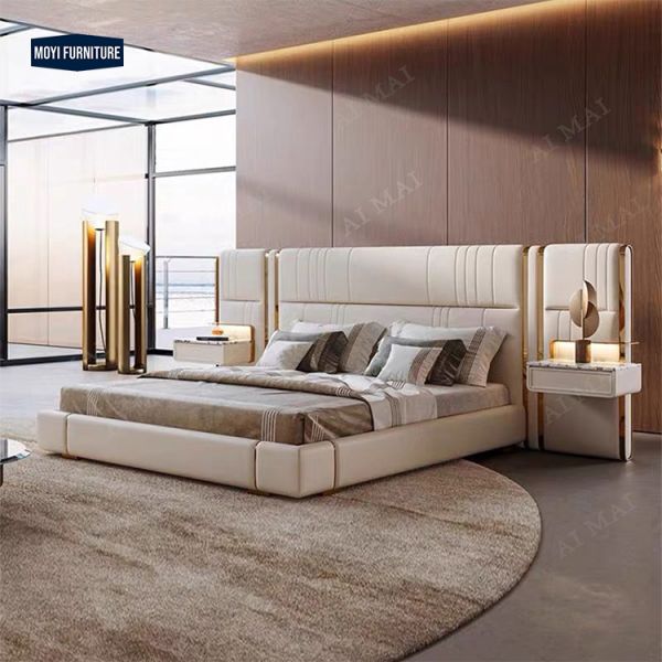 Buy Soft Bed Luxury Modern Bedroom Set Single King Upholstered Leather Storage Swivel Wooden Frame Home Furniture at wholesale prices