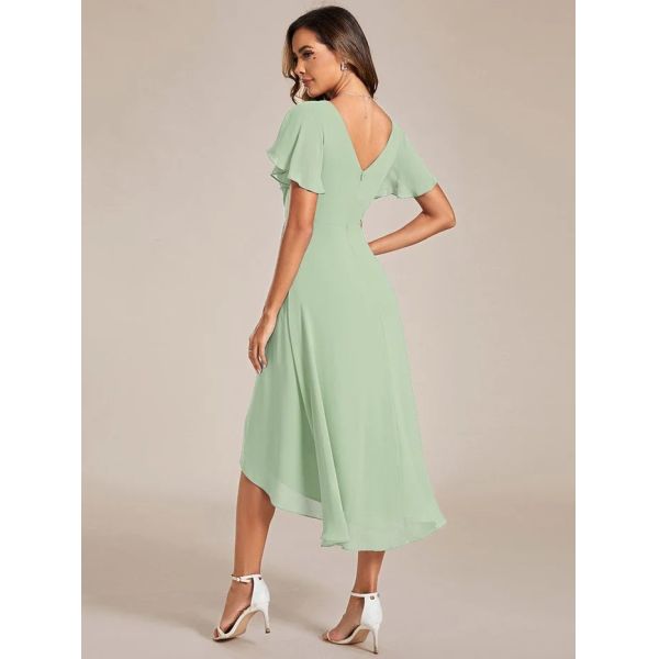 Chic V-neck High-low Short Flutter Sleeves A-line Ruffle Midi Invisible Zipper Mint Green Chiffon Guest Graduation Dress
