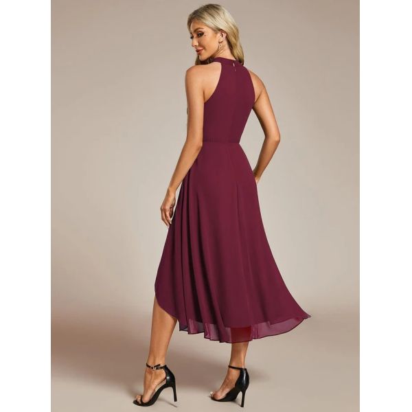 A Line Sleeveless Halter Neck Wedding Guest Dress Burgundy Chiffon Cocktail Dresses