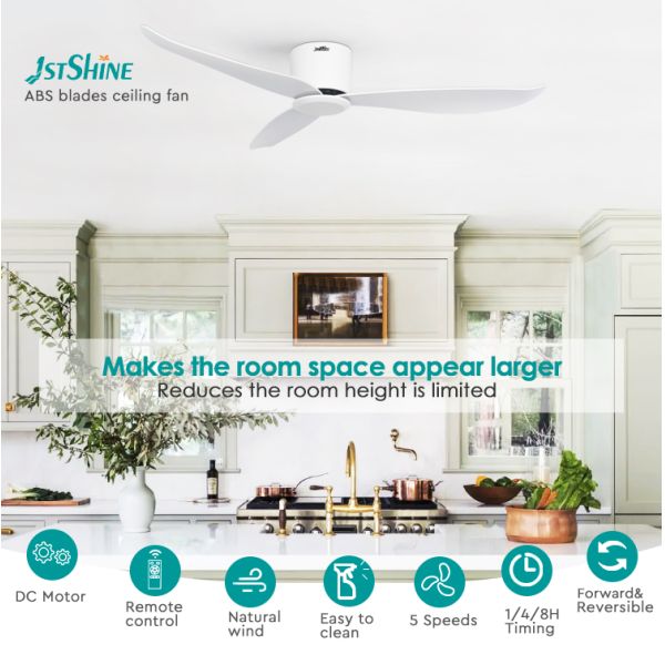 White Modern Flush Mount Ceiling Fan , DC Motor Kitchen Fan Light