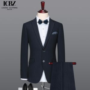 Anti-wrinkle Men's Business Suit in Classic Black and White Stripes with Notch