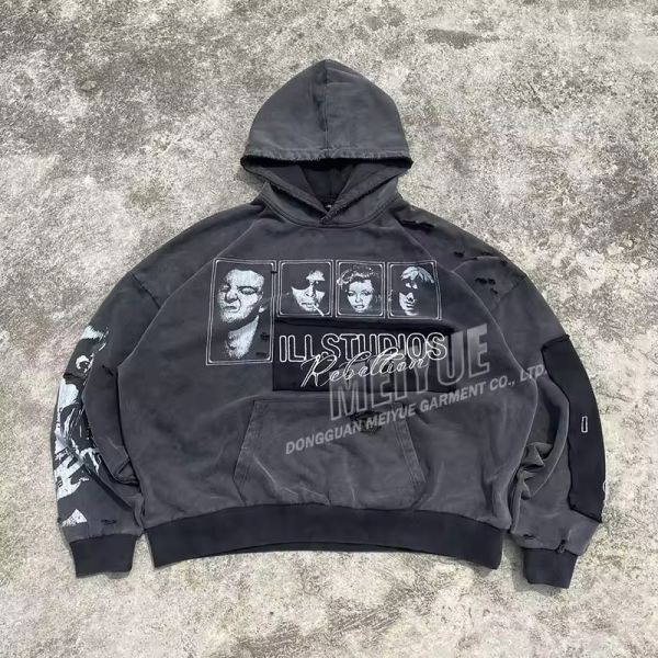 Custom Pullover Streetwear Acid Wash Hoodie Heavyweight Vintage Dtg Print Hoodie Embroidery Patchwork Drop Shoulder Hoodie