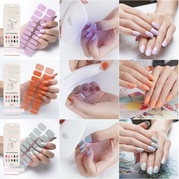 OEM ODM Nail Paint Solid Color Strips with Designs Custom Semi Cured Gel Polish Wraps