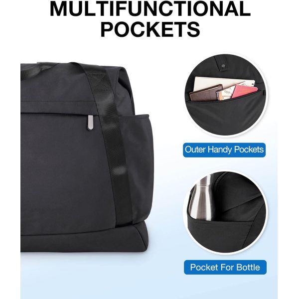 Black Foldable Dry Wet Travel Bag Lightweight Carry On Tote With Shoulder Strap