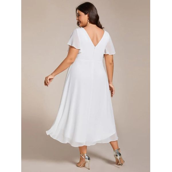 Empire Plus Size V-neck High-low A-line Short Sleeve Ruffled White Chiffon Wedding Guest Graduation Dress