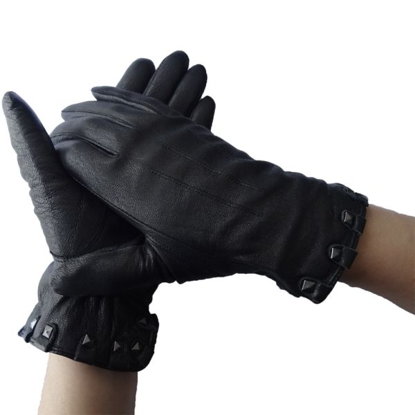 100% Handmade Deer Leather Gloves , Womens Black Leather Driving Gloves