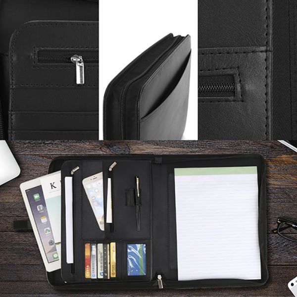 Professional Leather Business Portfolio Zipper Closure With 11 Inch Tablet Pocket