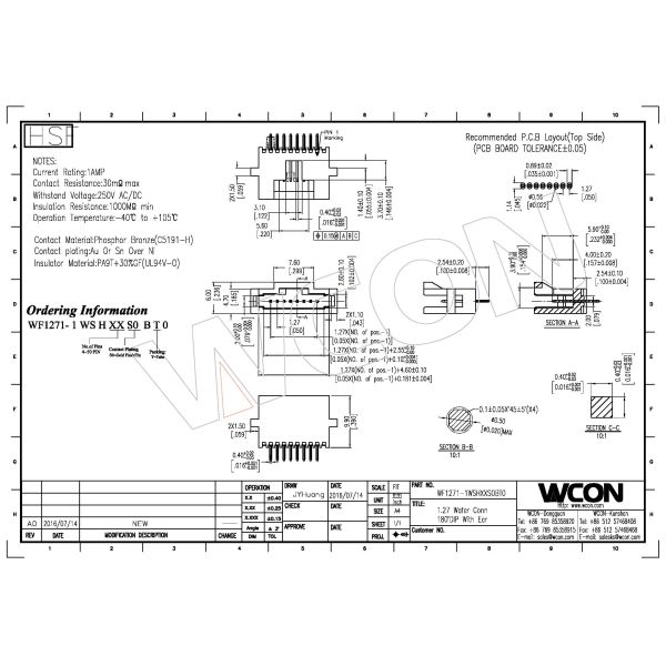 1.27mm VH Circuit Board Power Connectors Wafer Wire To Board Connector