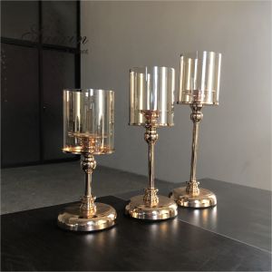 Gold Metal Candle Holder Centerpiece Set Candlestick Champaign Glass Tube