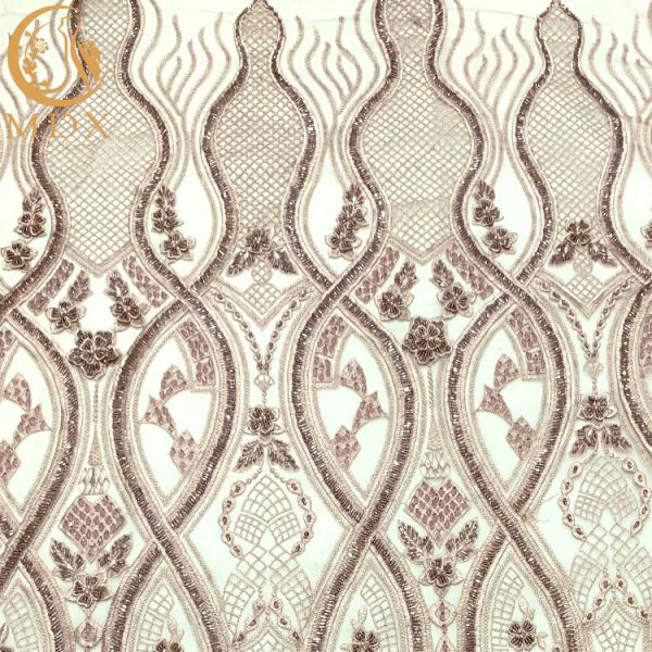 Buy Luxury 3D Beaded Lace Fabric Unique Tulle Embroidery Pink Dress at wholesale prices