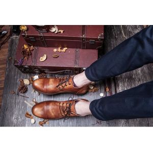 Burnished Finishing Mens Leather Dress Shoes Lace - Up Handmade Italian Leather