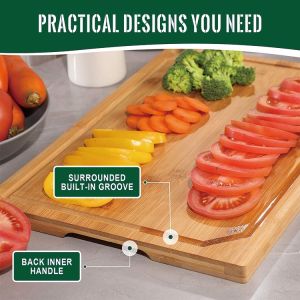Deep Juice Groove Bamboo Wood Cutting Board Set with Side Handles for Cheese and