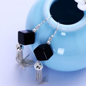 Square Black Onyx 925 Silver Tassels Drop Earrings(XH057072W)