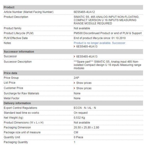 6ES5465-4UA12 Siemens Analog Input Module - 16AI
