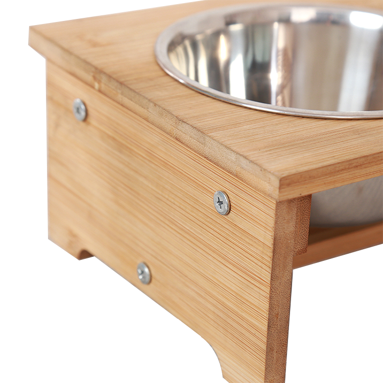 Hollow Pattern Bamboo PET Feeder Stand Stainless Steel Bowls for Dog