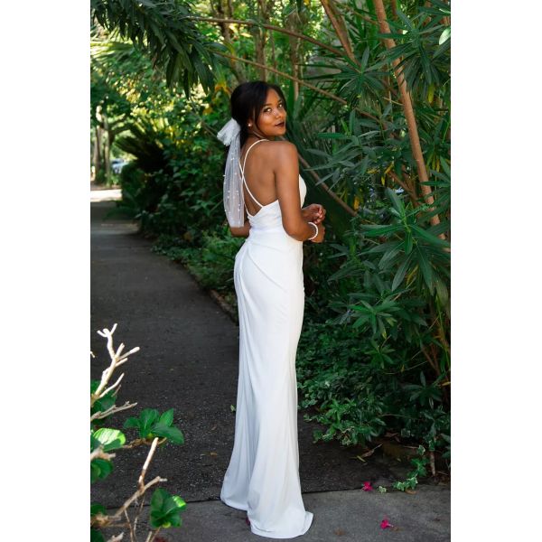 Sleek Sheath Figure-flattering Draping Ruching Spaghetti Straps V-neckline Slit Side Zipper White Chiffon Wedding Dress