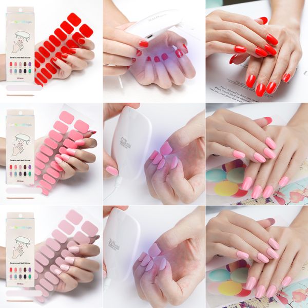 OEM ODM Nail Paint Solid Color Strips with Designs Custom Semi Cured Gel Polish Wraps